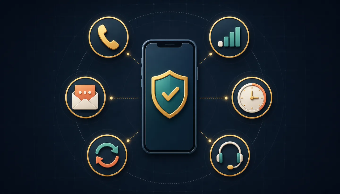 Phone verification checklist showing signal, inbox, clock, retry, and support checks